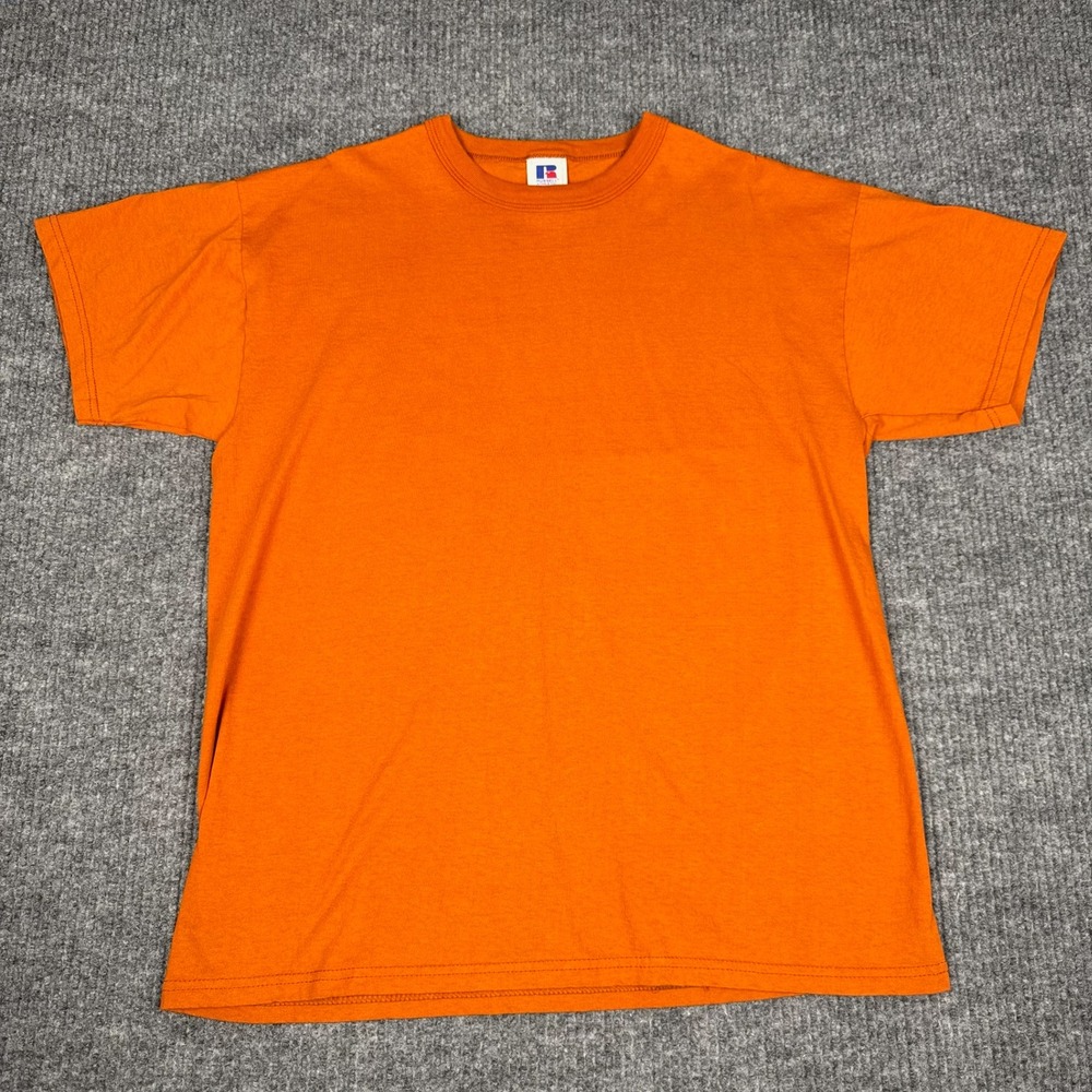 Vtg 90s Russell Athletic T Shirt Mens L 100% Cotton Crewneck Blank Orange